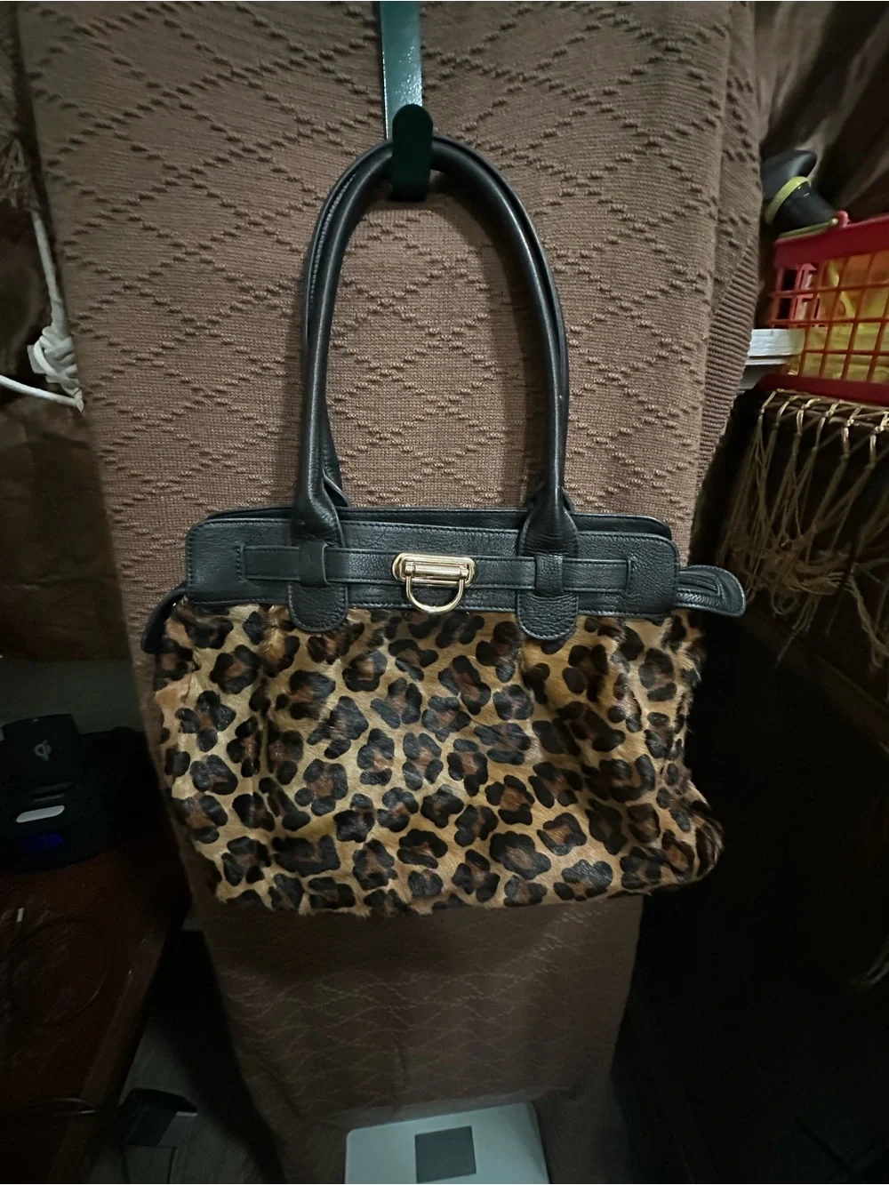 Leopard Print Faux Fur Tote with Black Trim